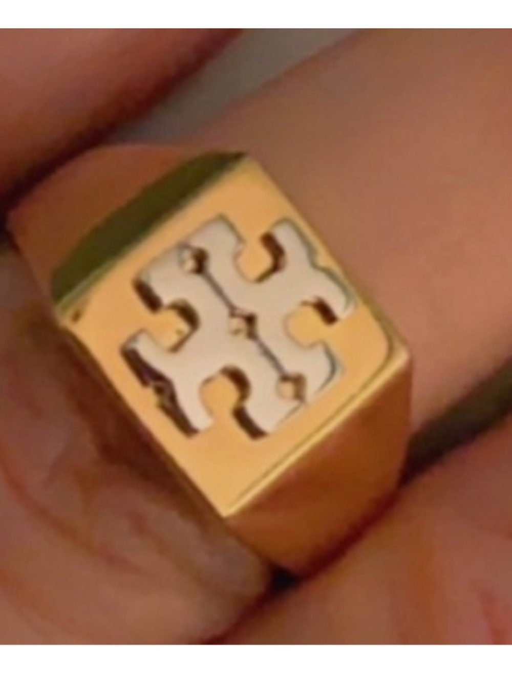 Tory Burch Gold square and White Logo delicate Ring